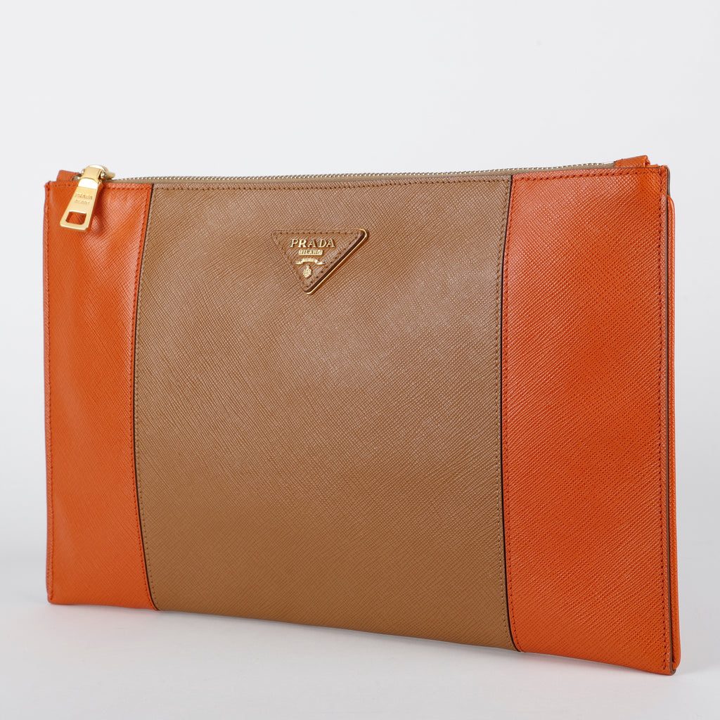 Bicolor Leather Zip Clutch, Tan/Orange