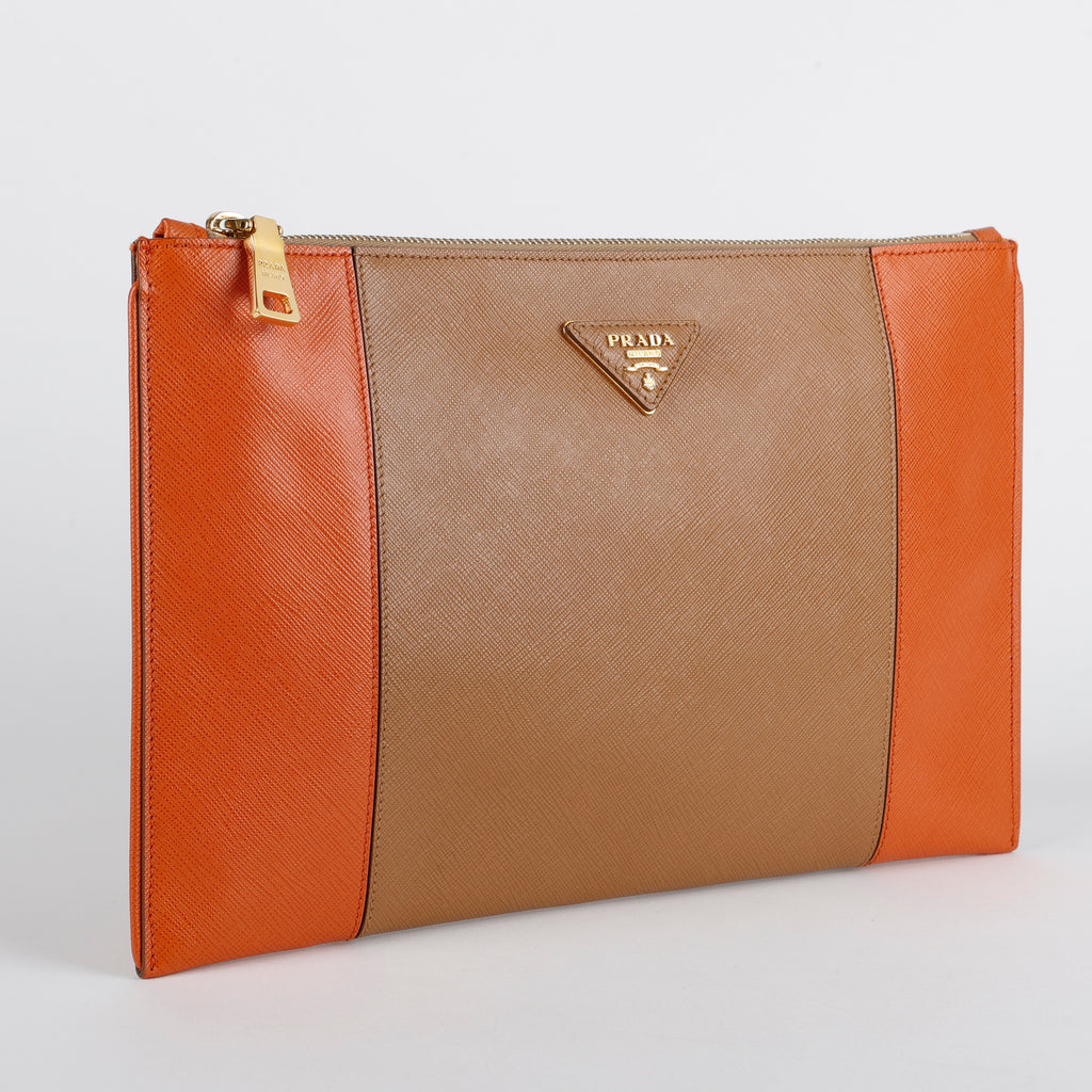 Bicolor Leather Zip Clutch, Tan/Orange
