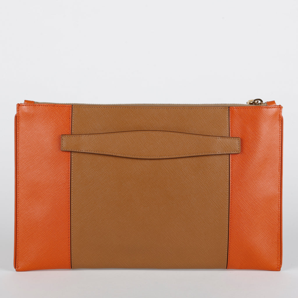 Bicolor Leather Zip Clutch, Tan/Orange