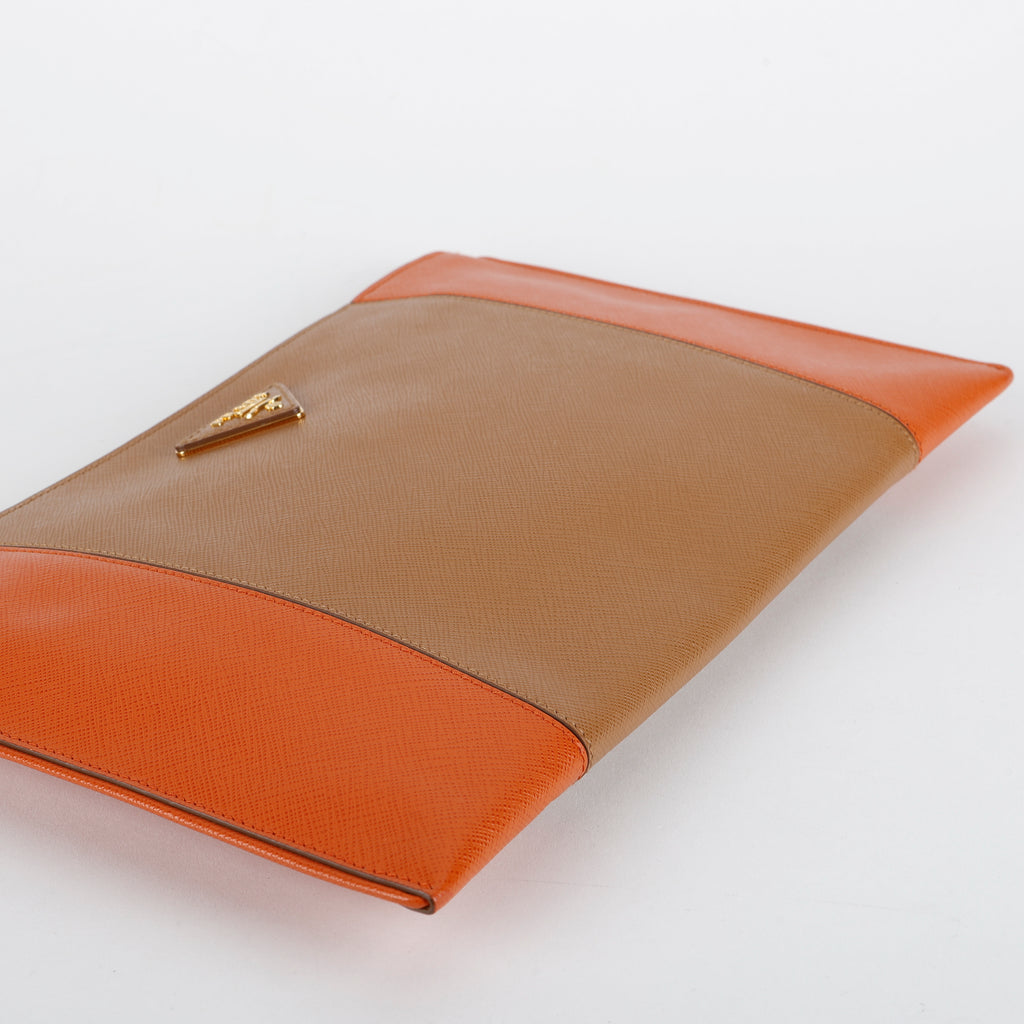 Bicolor Leather Zip Clutch, Tan/Orange
