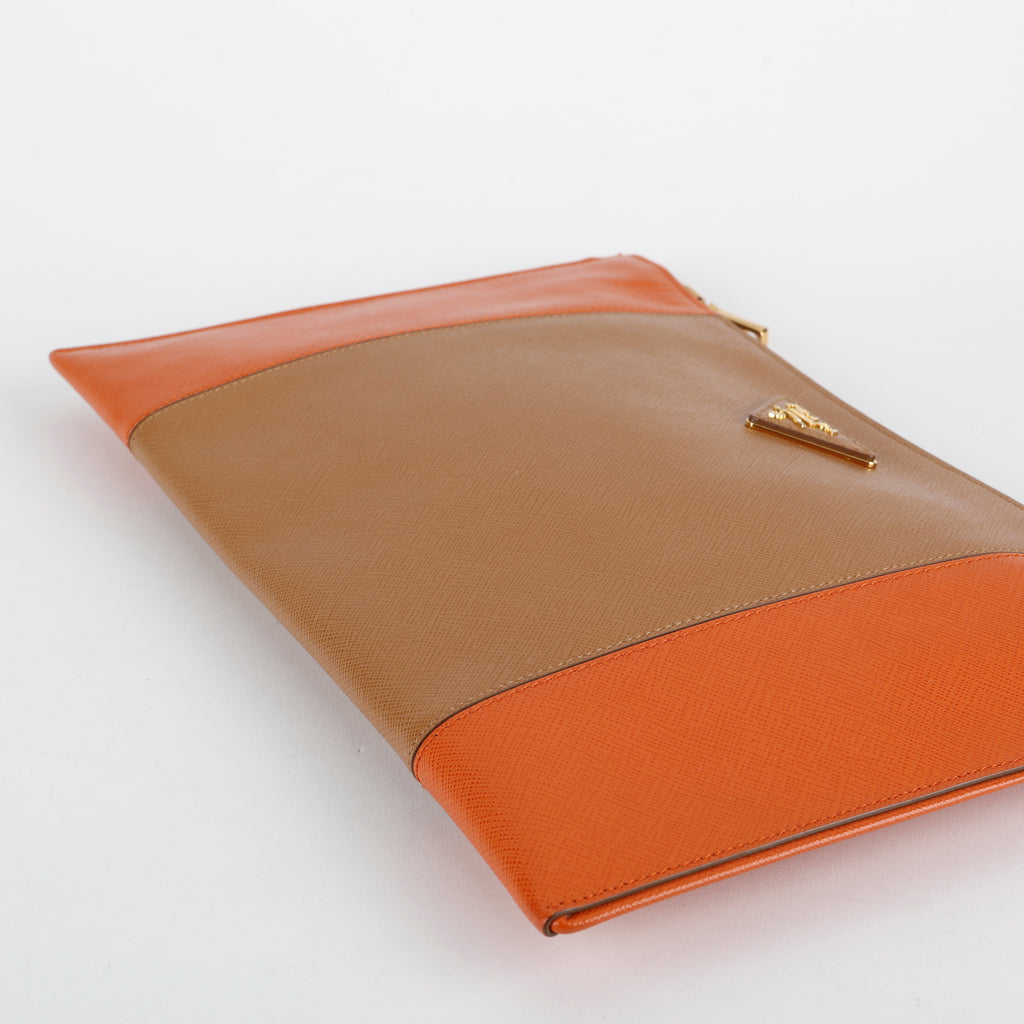 Bicolor Leather Zip Clutch, Tan/Orange