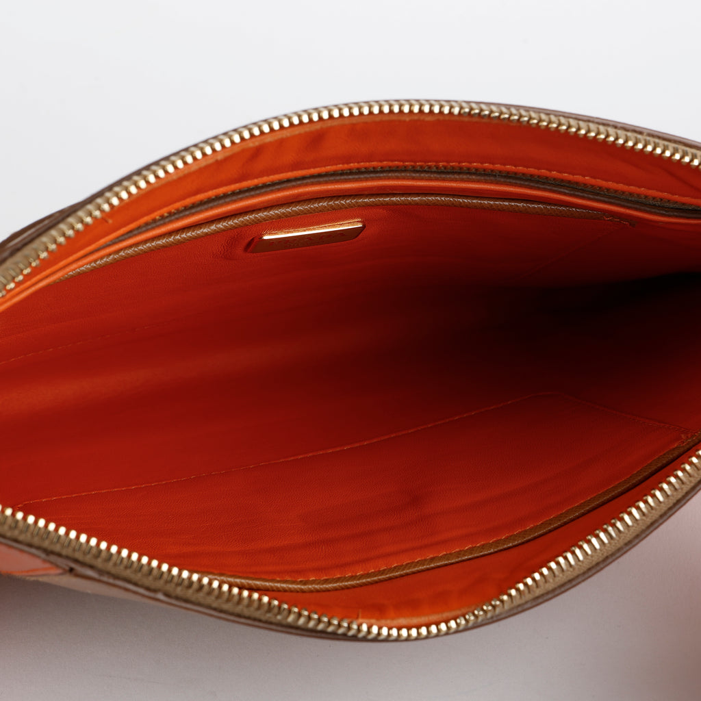 Bicolor Leather Zip Clutch, Tan/Orange
