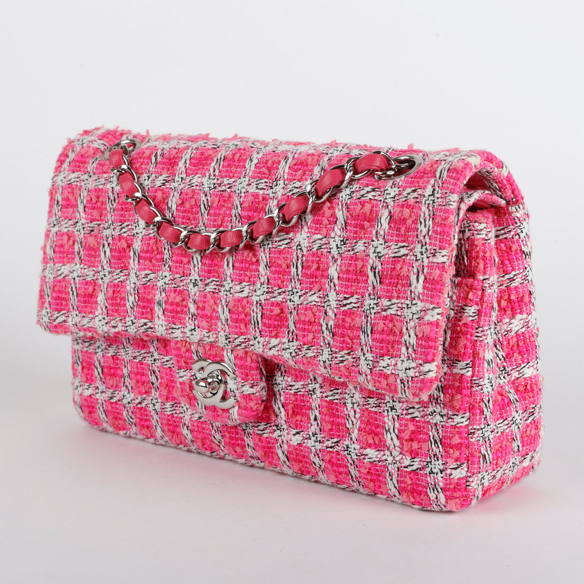 Medium Double Flap, Fuchsia/White Tweed