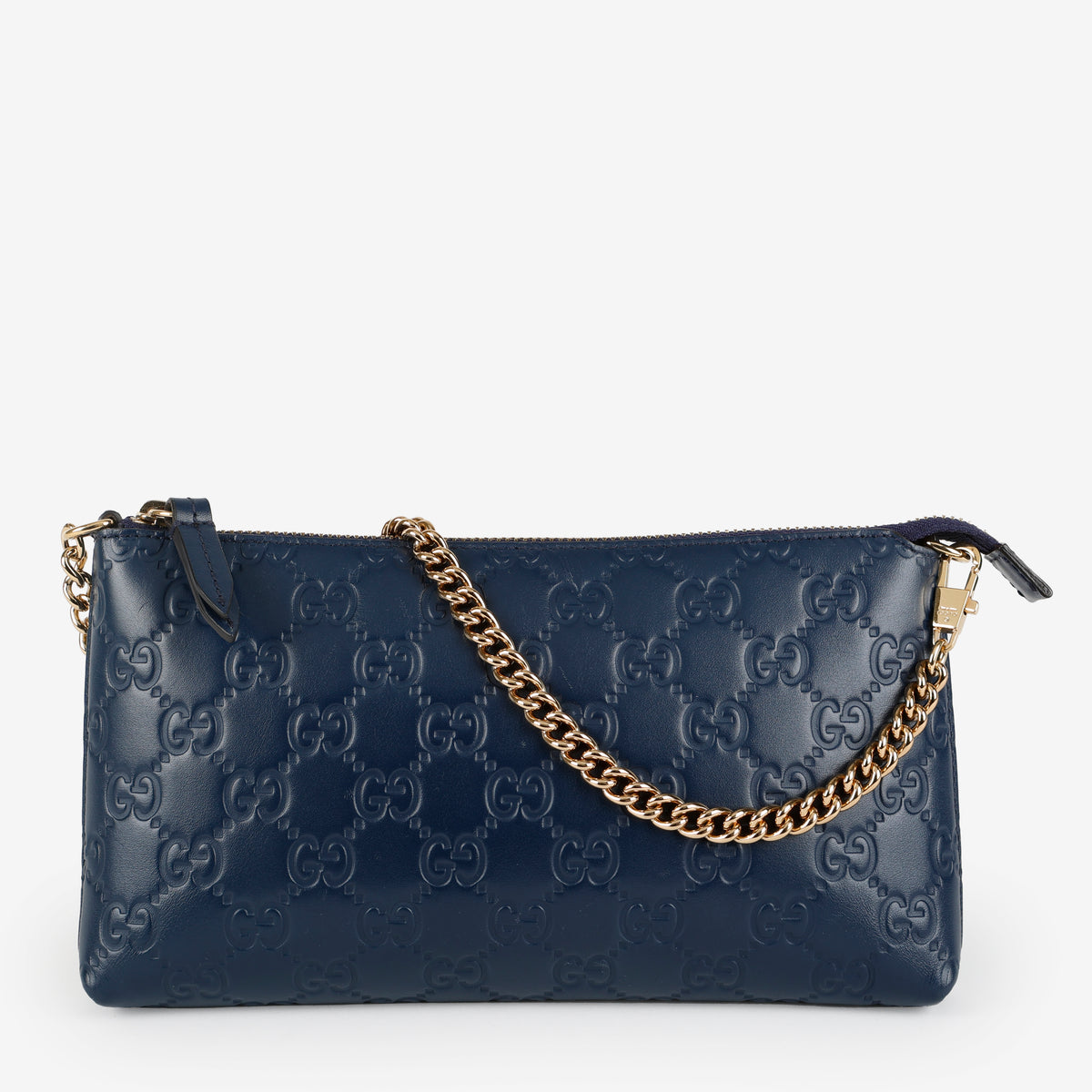 Cosmetic Pouch on Chain, Blue Embossed GG