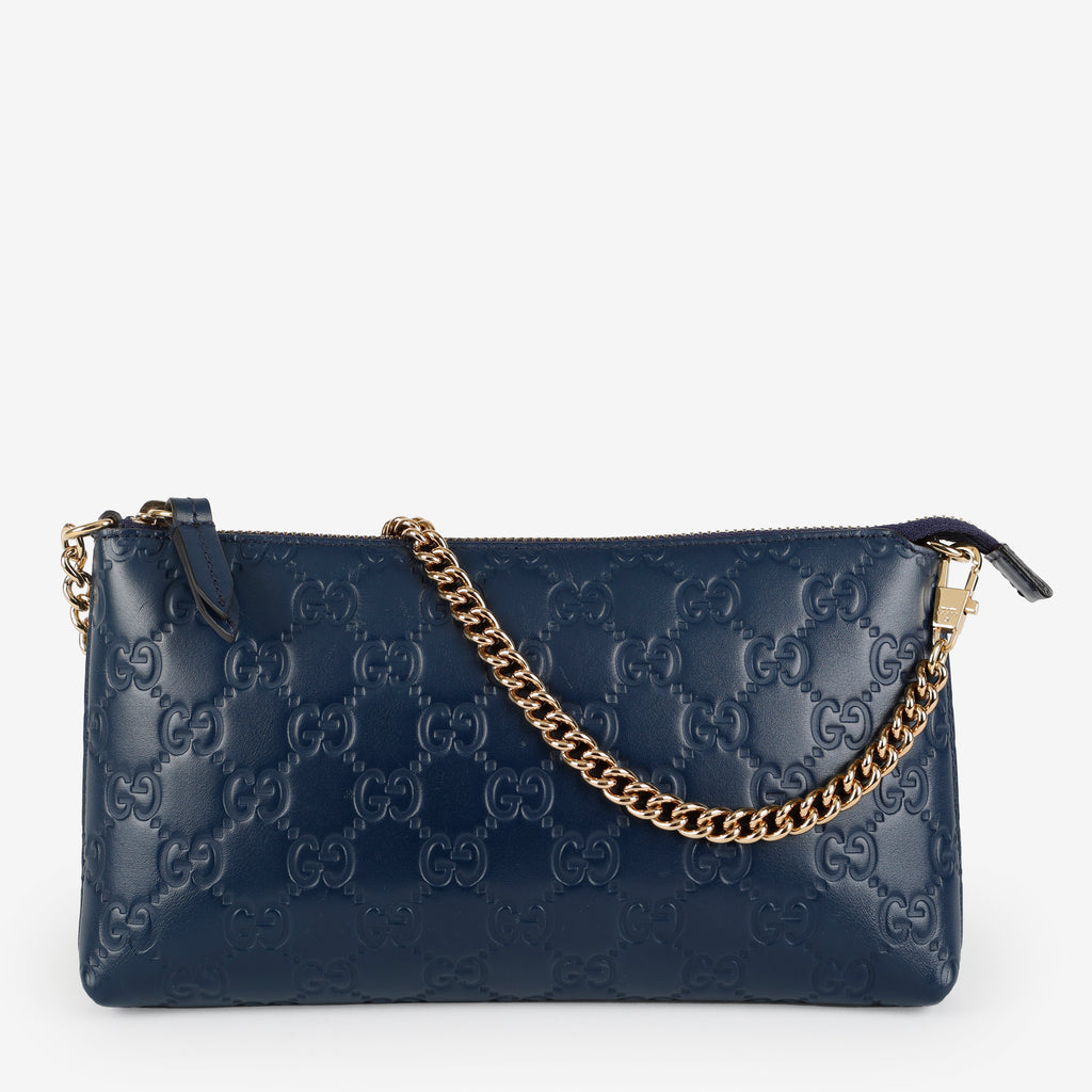 Cosmetic Pouch on Chain, Blue Embossed GG