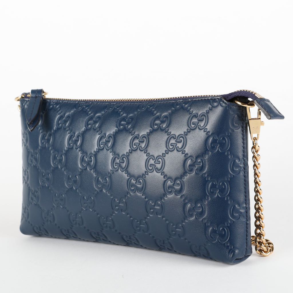 Cosmetic Pouch on Chain, Blue Embossed GG