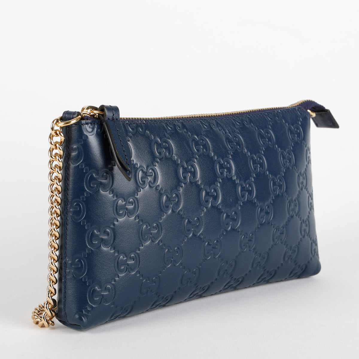Cosmetic Pouch on Chain, Blue Embossed GG