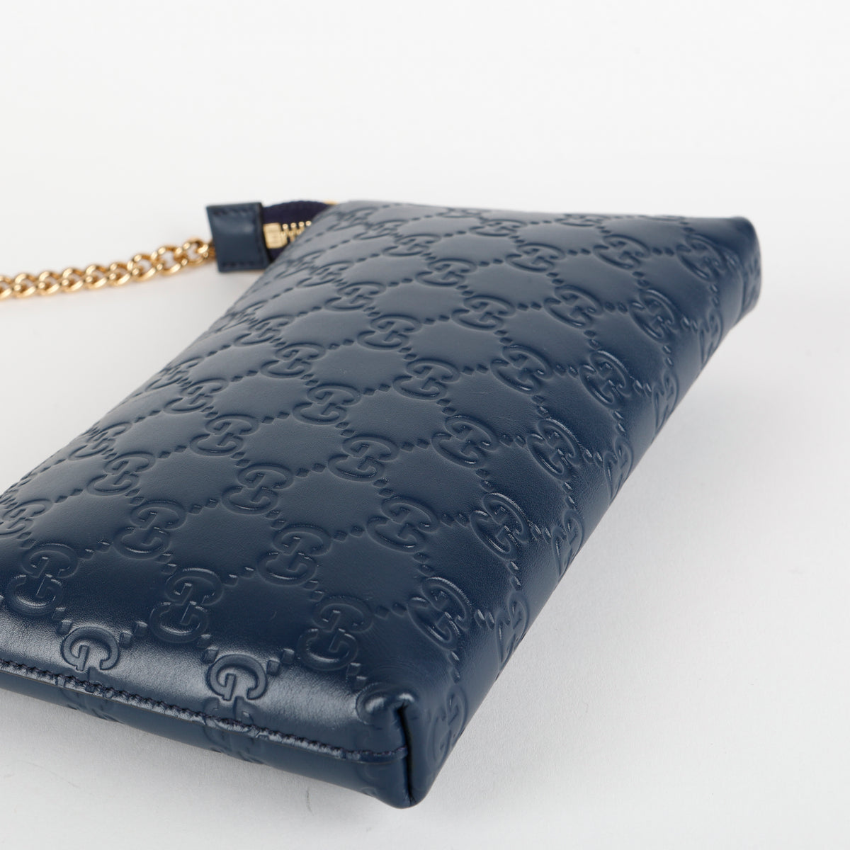 Cosmetic Pouch on Chain, Blue Embossed GG