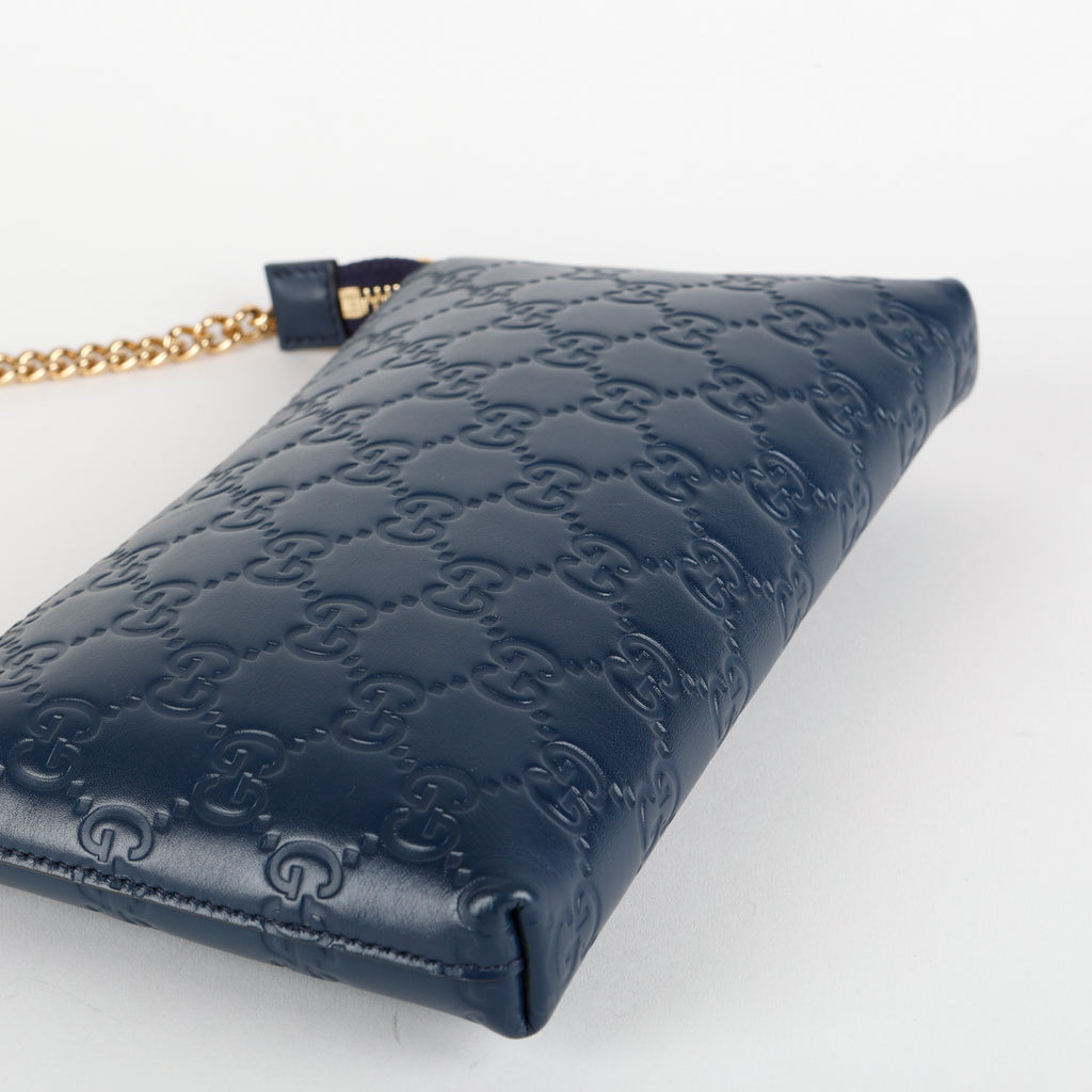 Cosmetic Pouch on Chain, Blue Embossed GG