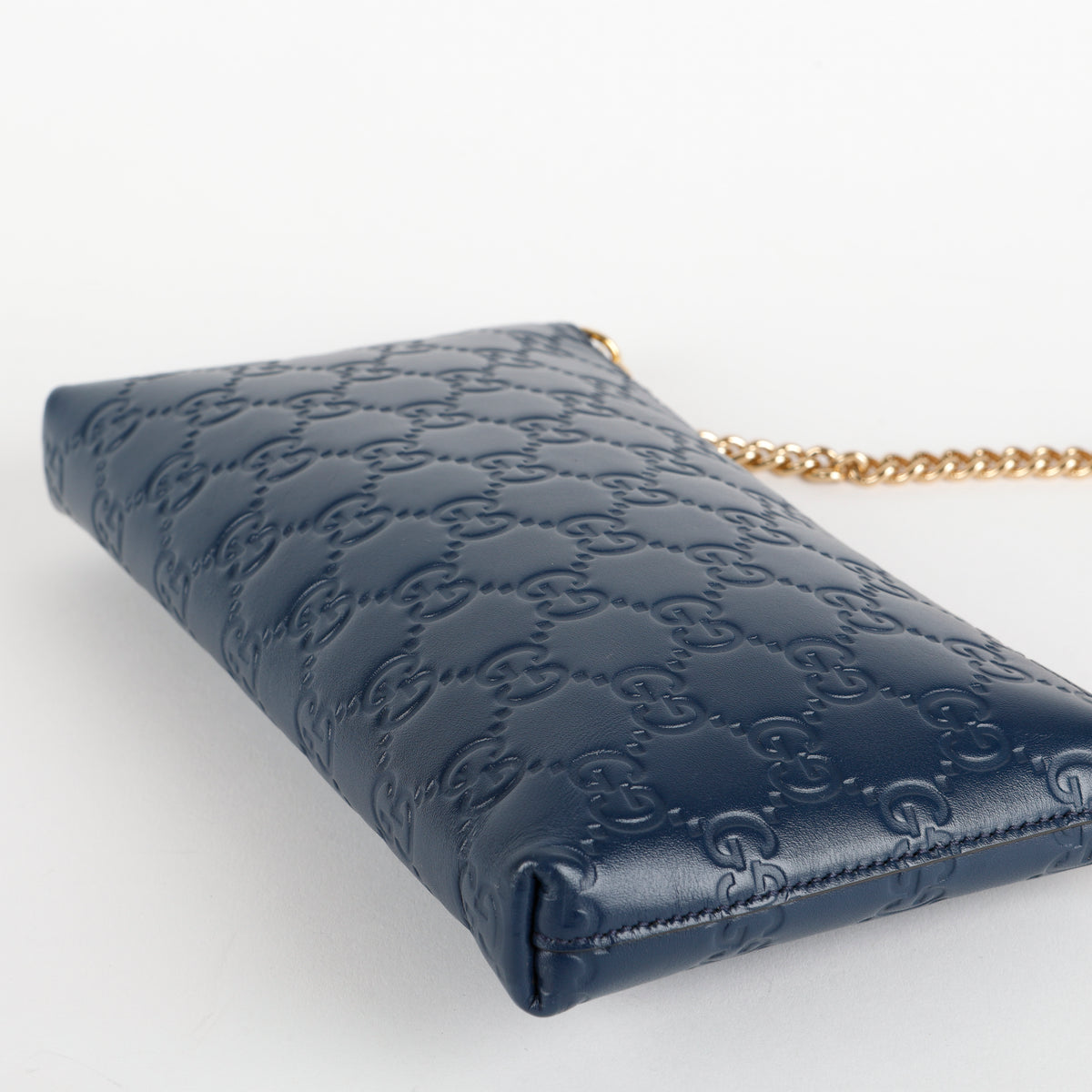 Cosmetic Pouch on Chain, Blue Embossed GG