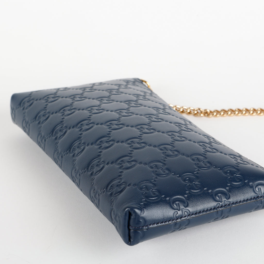 Cosmetic Pouch on Chain, Blue Embossed GG
