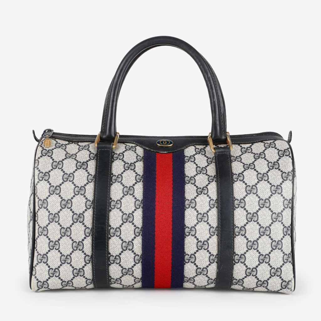 Sherry Line Boston Bag, Navy Coated Canvas
