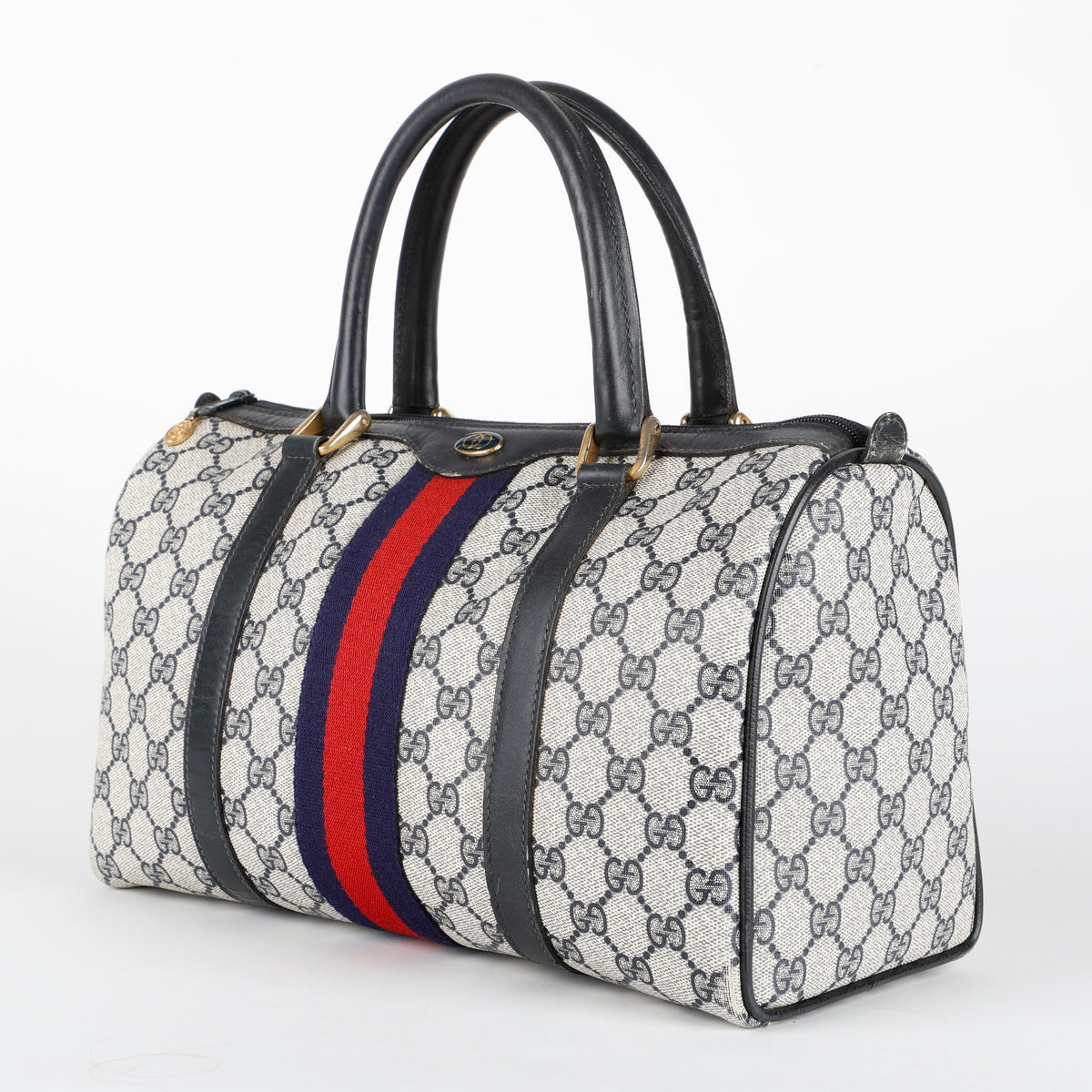 Sherry Line Boston Bag, Navy Coated Canvas