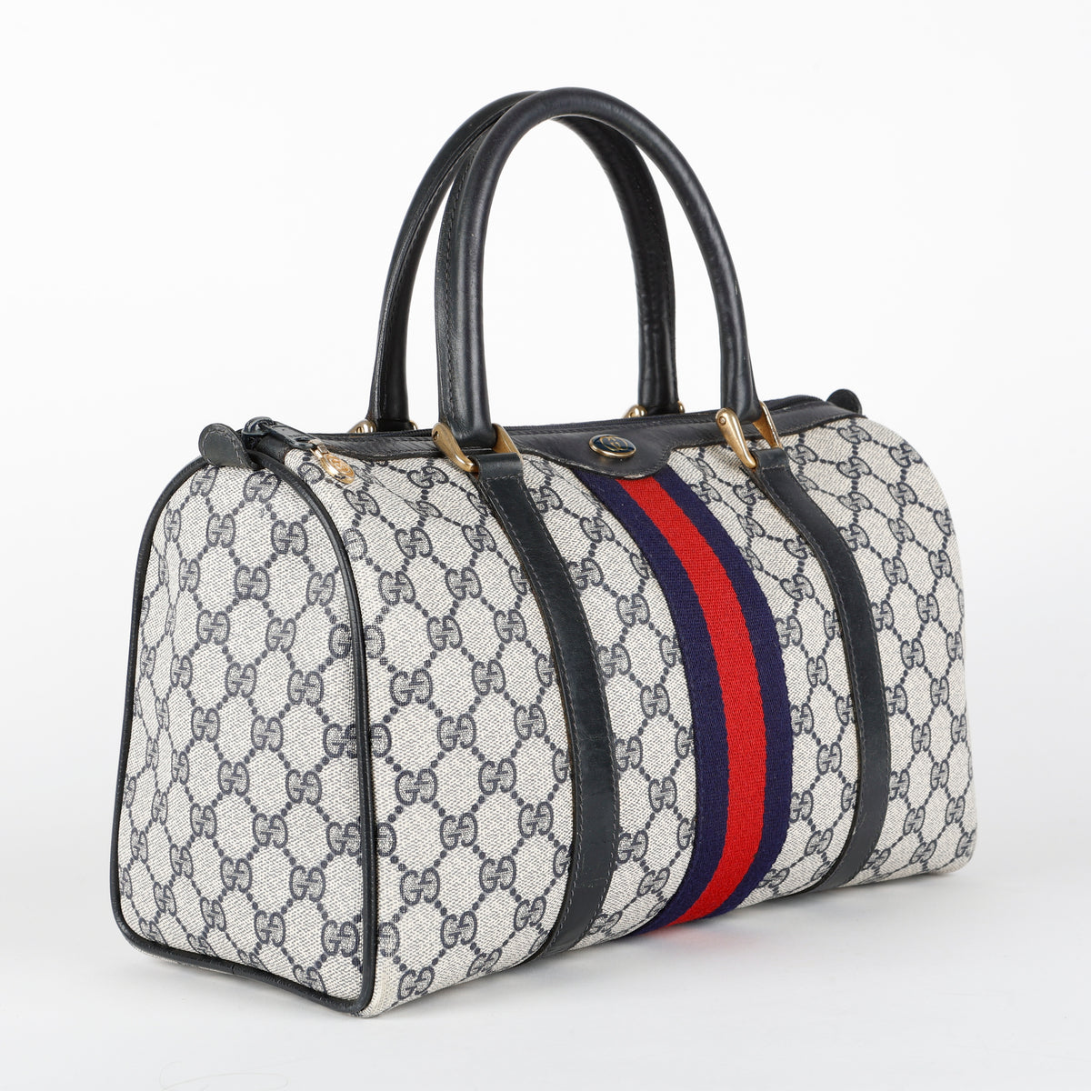 Sherry Line Boston Bag, Navy Coated Canvas