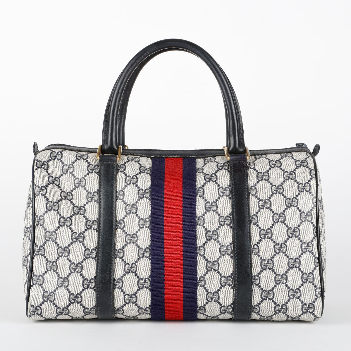 Sherry Line Boston Bag, Navy Coated Canvas