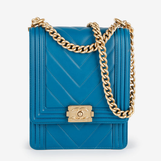 North South Boy Bag, Teal Blue Lambskin