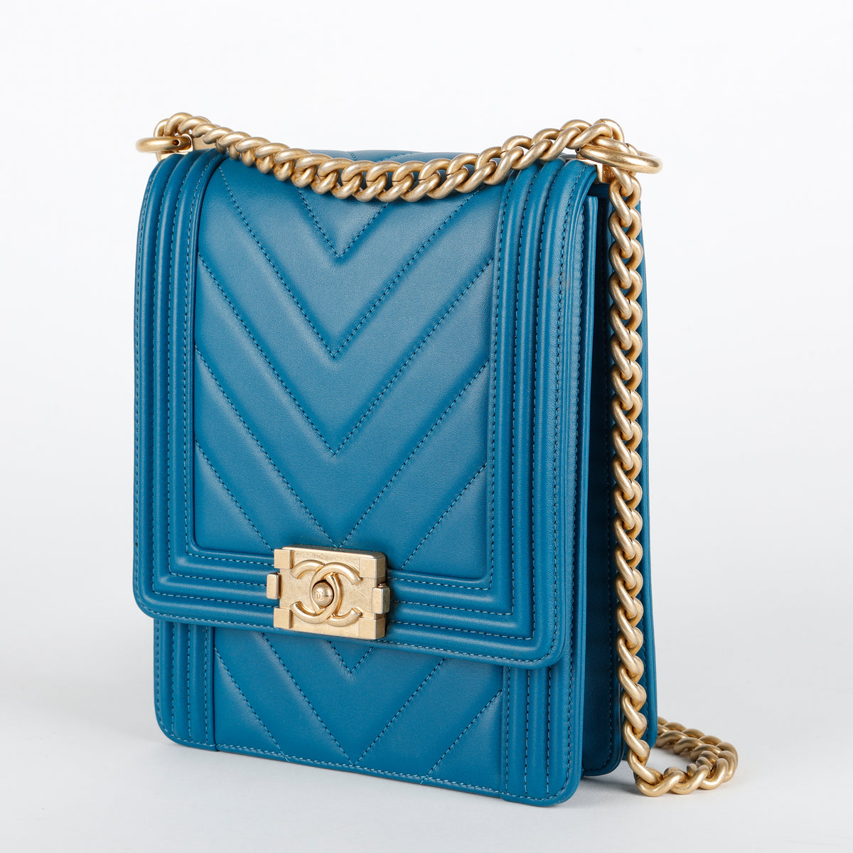 North South Boy Bag, Teal Blue Lambskin