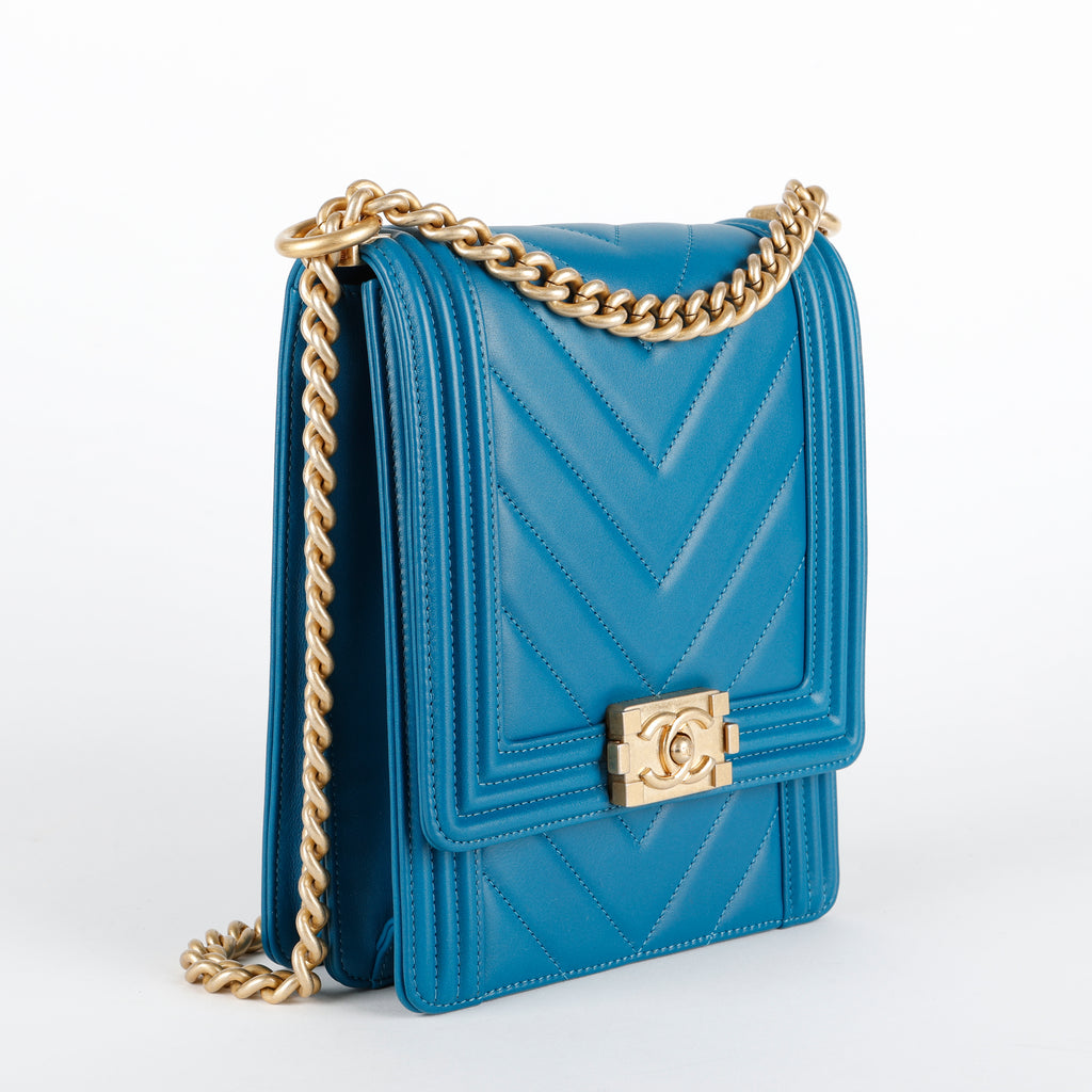 North South Boy Bag, Teal Blue Lambskin