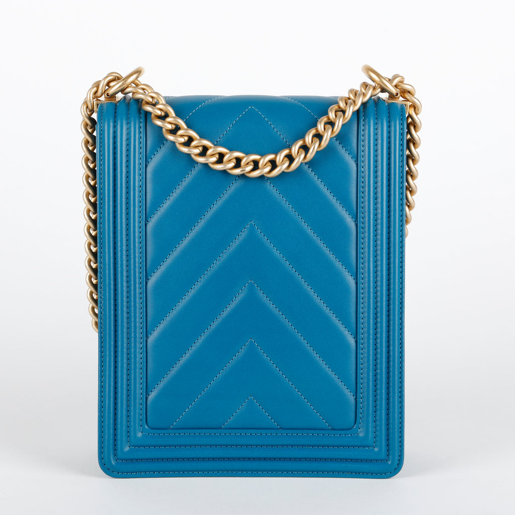 North South Boy Bag, Teal Blue Lambskin