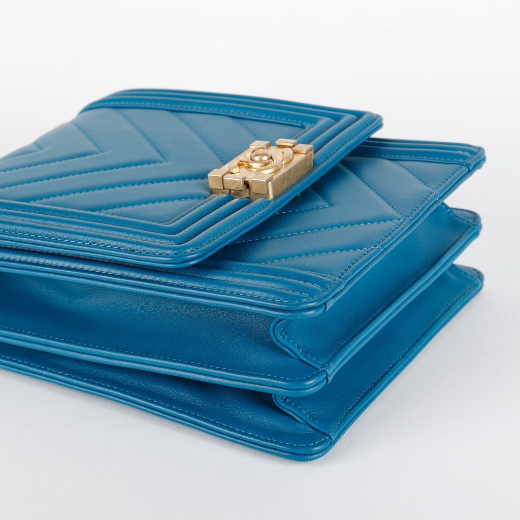North South Boy Bag, Teal Blue Lambskin