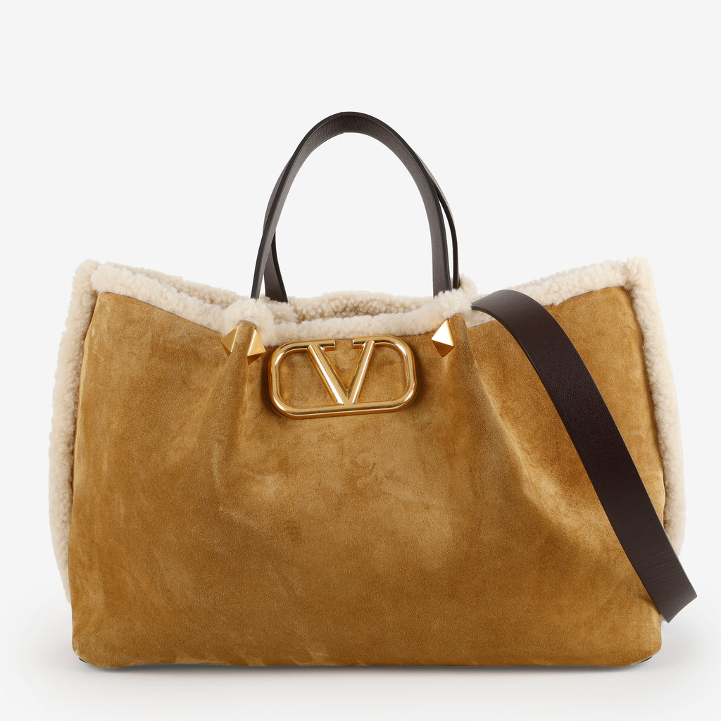 Medium Logo Satchel, Suede/Shearling