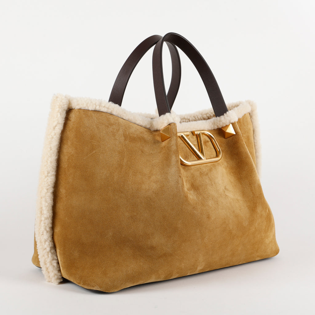 Medium Logo Satchel, Suede/Shearling