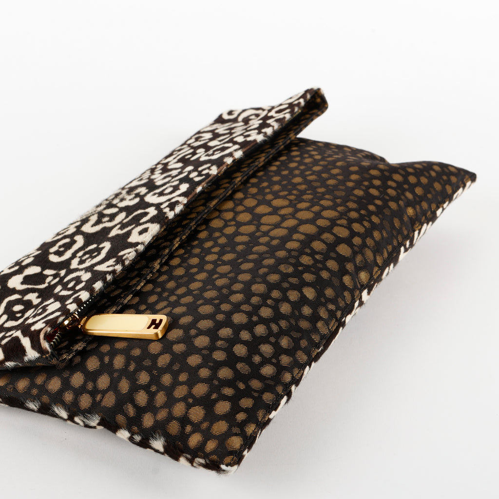 Flat Clutch,  Brown/White Leopard Pony Hair