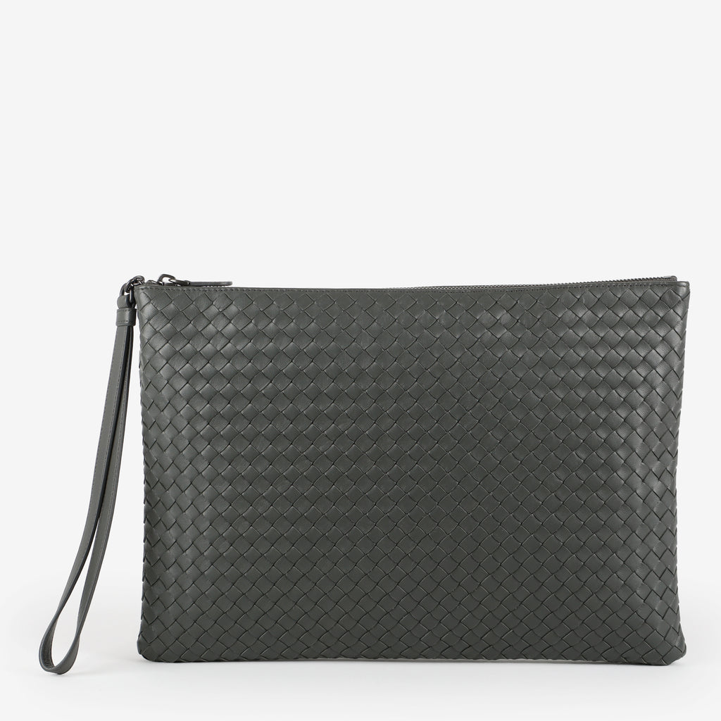 Large Intrecciato Zipped Wristlet, Grey