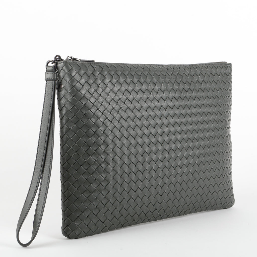 Large Intrecciato Zipped Wristlet, Grey