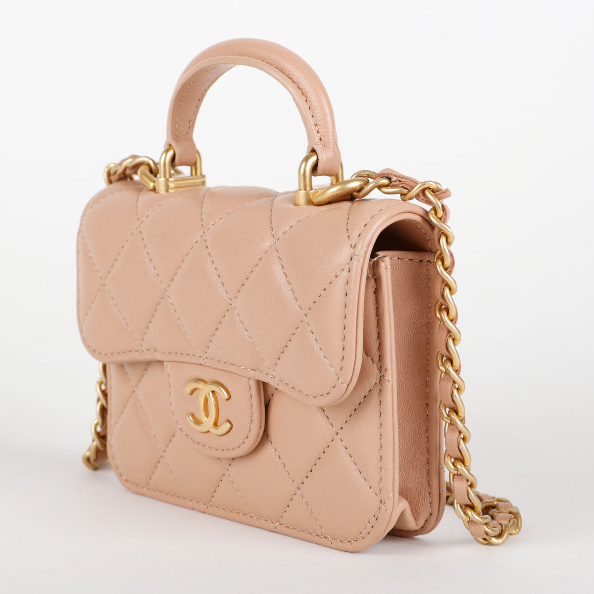 Top Handle Card Holder on Chain, Beige Lambskin