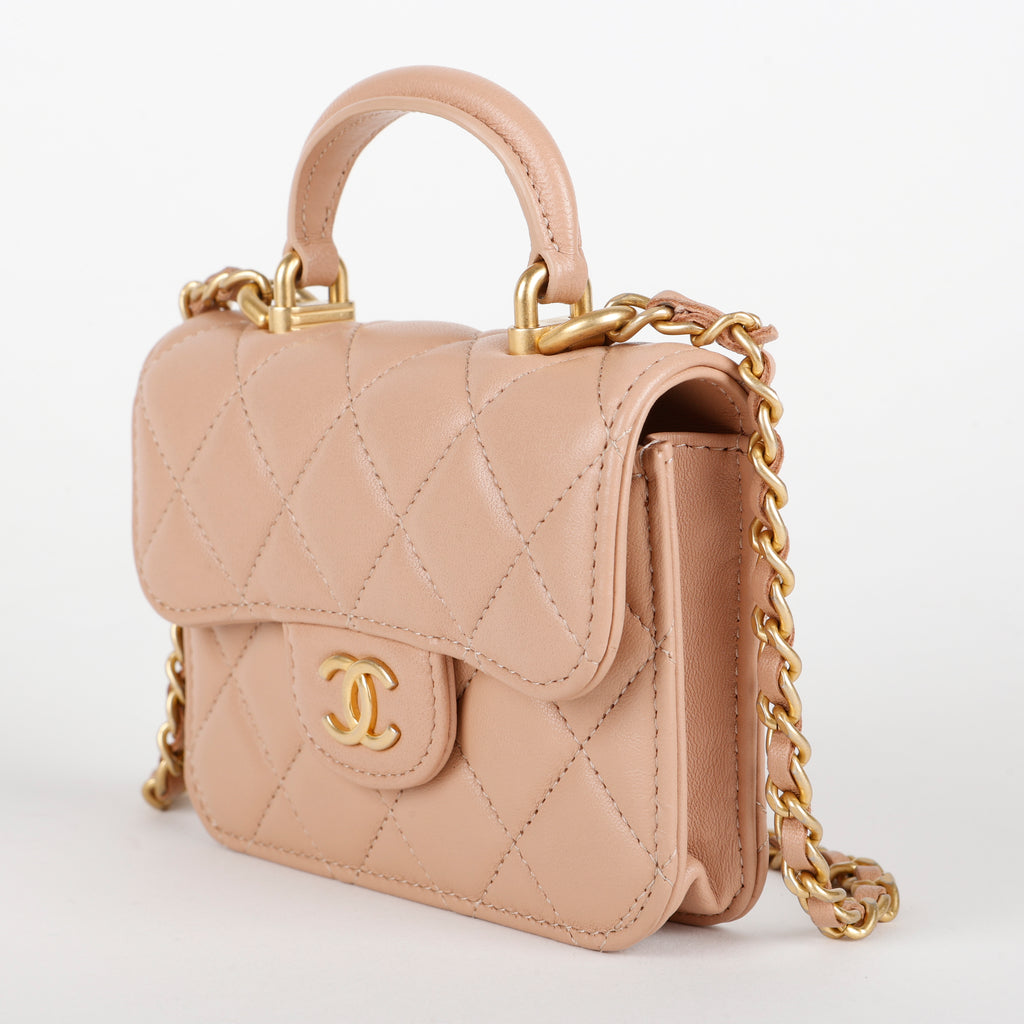 Top Handle Card Holder on Chain, Beige Lambskin