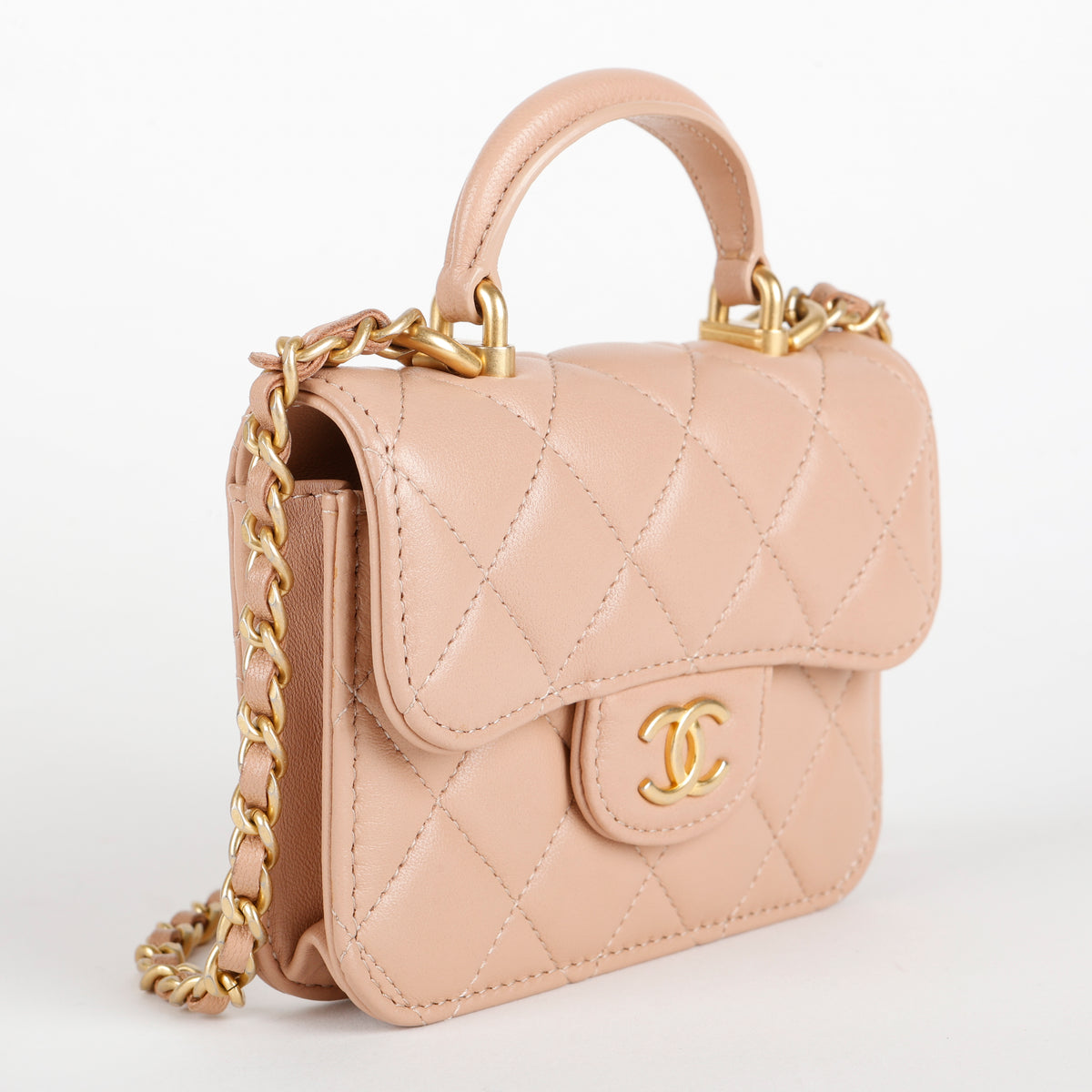 Top Handle Card Holder on Chain, Beige Lambskin