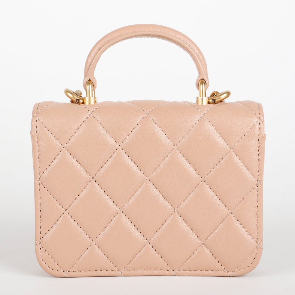 Top Handle Card Holder on Chain, Beige Lambskin
