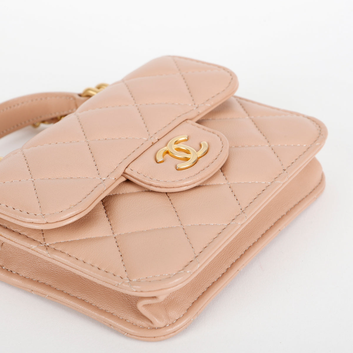 Top Handle Card Holder on Chain, Beige Lambskin