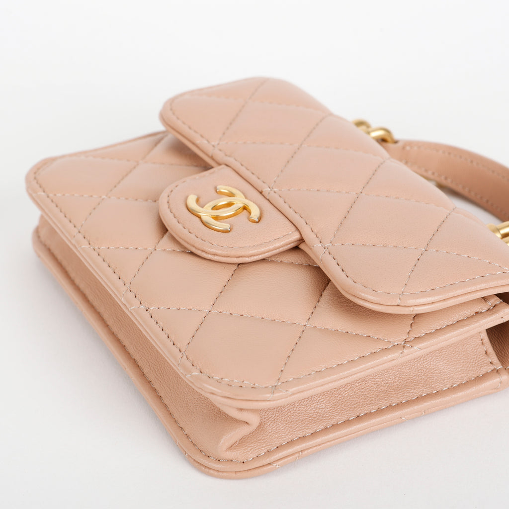 Top Handle Card Holder on Chain, Beige Lambskin