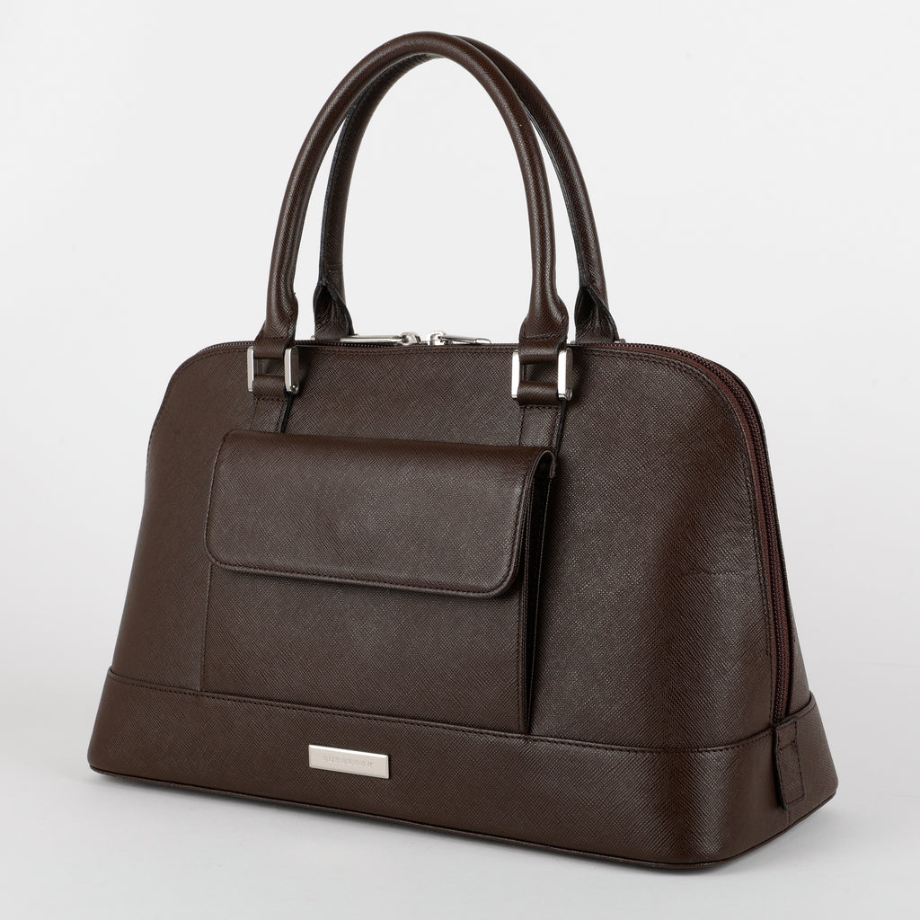 Front Pocket Bowler Bag, Dark Brown Saffiano