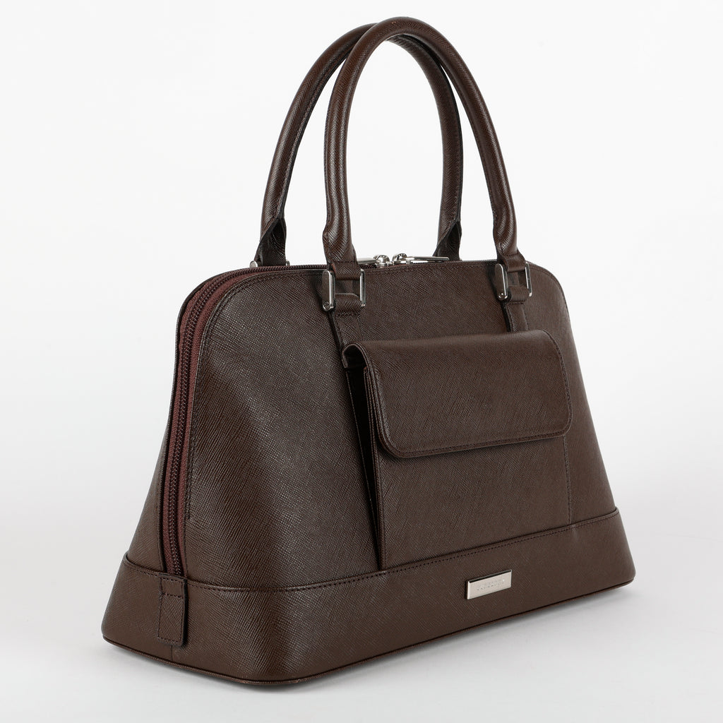 Front Pocket Bowler Bag, Dark Brown Saffiano