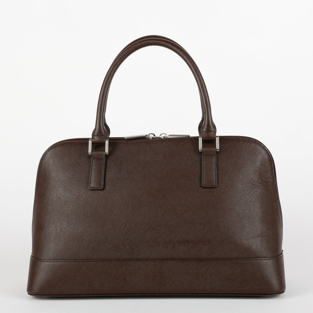 Front Pocket Bowler Bag, Dark Brown Saffiano