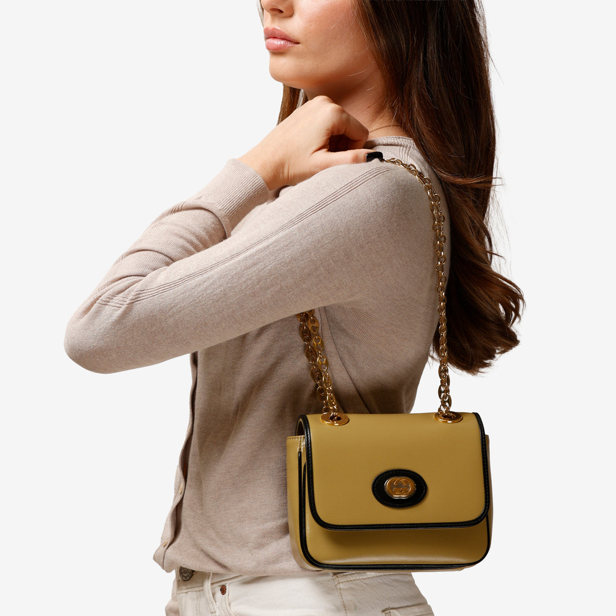Small Marina Chain Shoulder Bag, Tan Calfskin