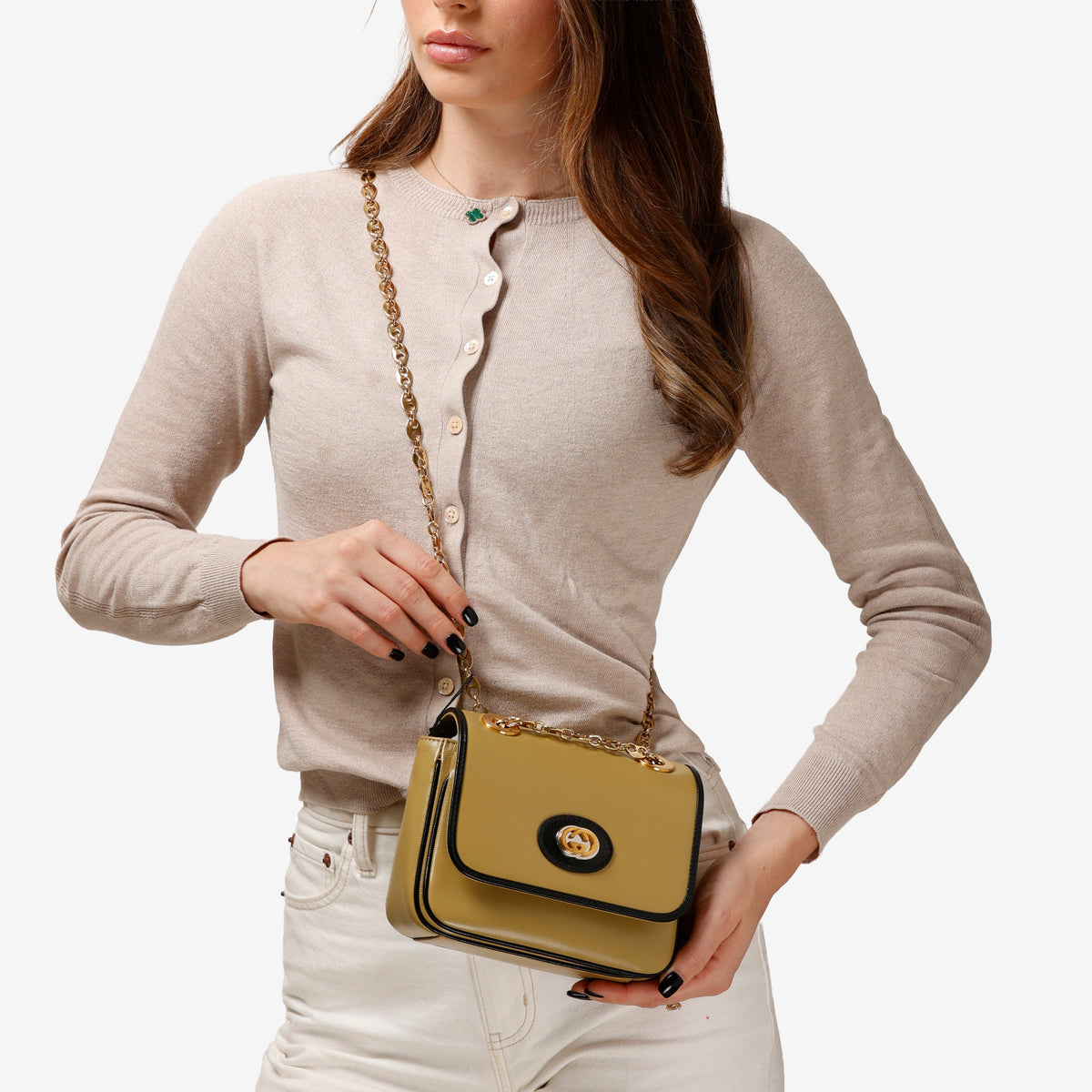 Small Marina Chain Shoulder Bag, Tan Calfskin