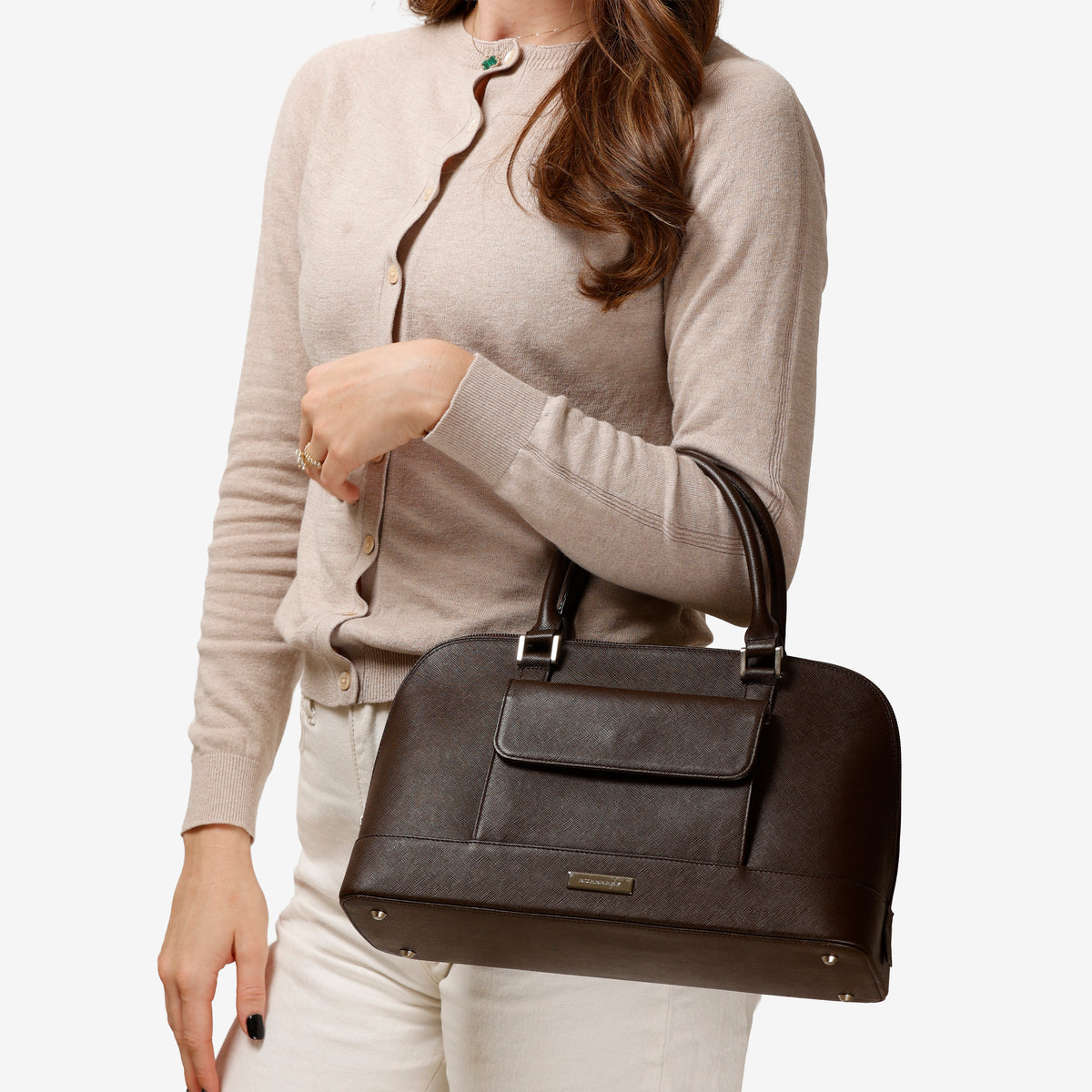 Front Pocket Bowler Bag, Dark Brown Saffiano