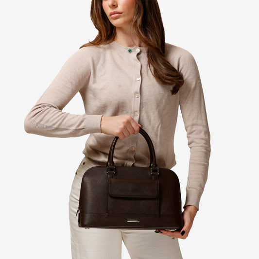 Front Pocket Bowler Bag, Dark Brown Saffiano