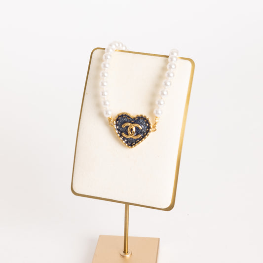 Chanel CC Gold Denim Pearl Heart Choker