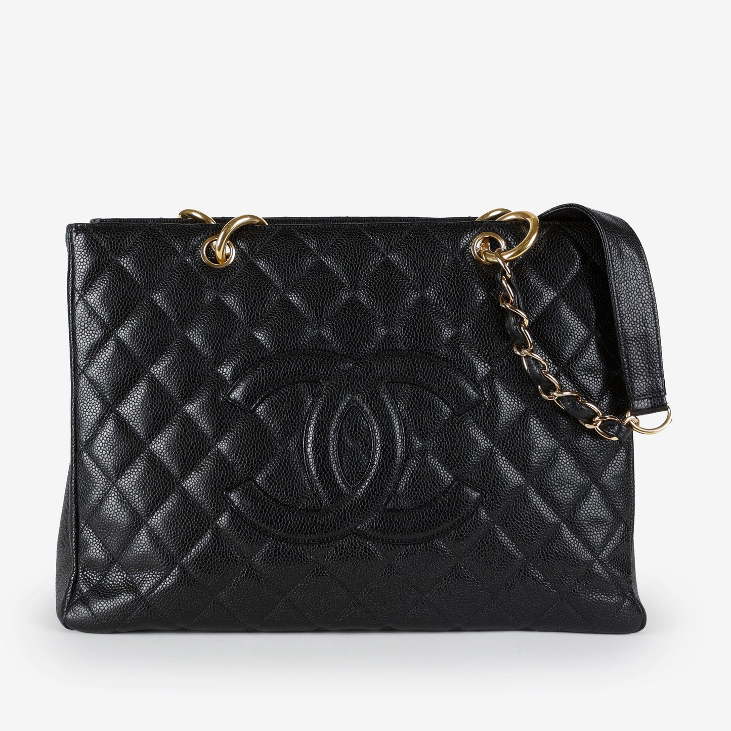 Grand Shopping Tote, Black Caviar Gold Hardware