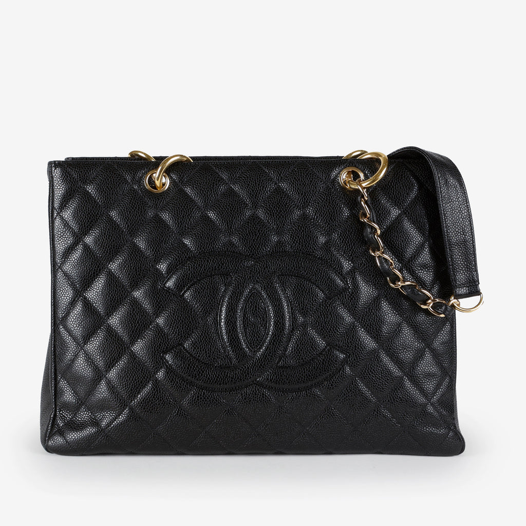 Grand Shopping Tote, Black Caviar Gold Hardware