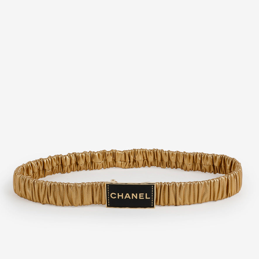 Gold Metallic Lambskin Ruched Logo Belt Size 75