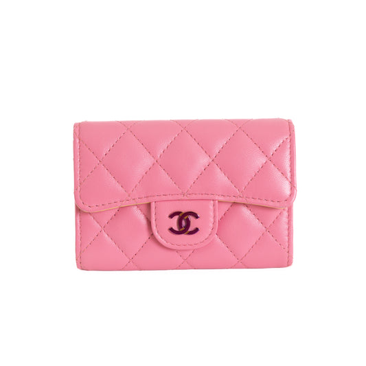 Classic Flap Card Holder, Pink/Yellow Lambskin  8483