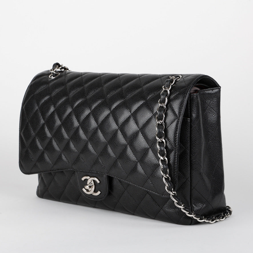 Maxi Double Flap, Black Caviar Silver Hardware