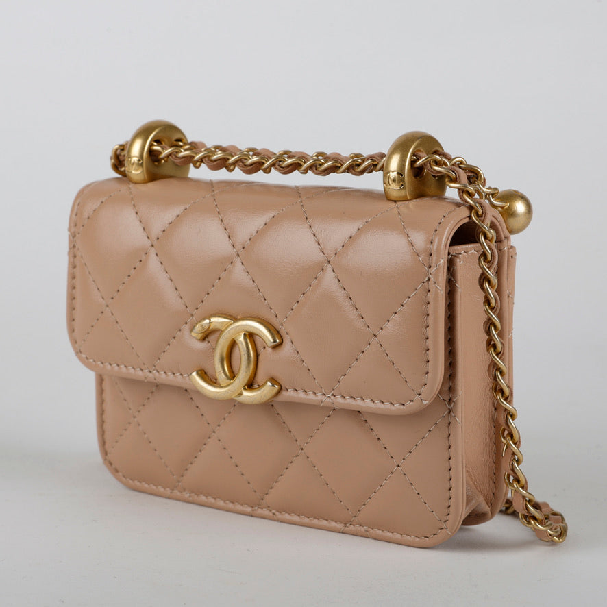 My Way Beige Calfskin Mini Card Holder on Chain