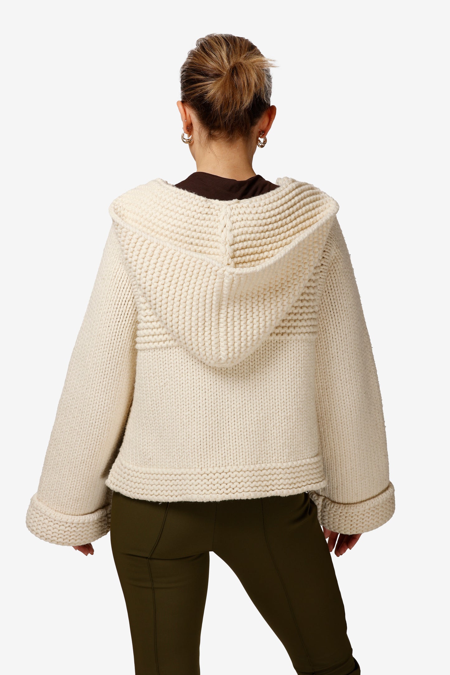 Button Up Crochet Hoodie Sweater, Cream (Size S)